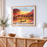 African river canoes and elephant herds cross stitch artwork displayed on wall as home decor