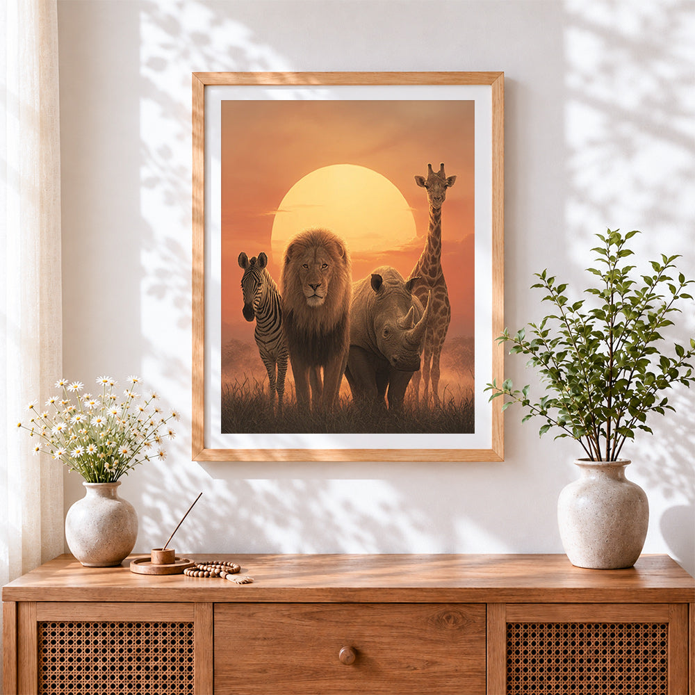 Finished african safari animals at sunset cross stitch artwork displayed