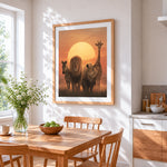African safari animals at sunset cross stitch artwork displayed on wall as home decor
