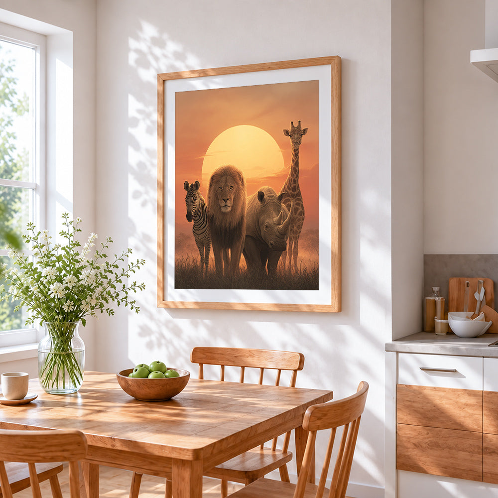 African safari animals at sunset cross stitch artwork displayed on wall as home decor