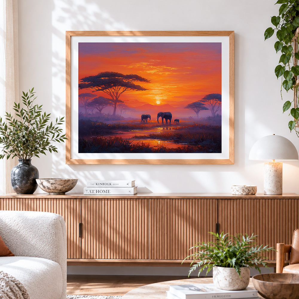 Finished african savanna sunset with elephants cross stitch artwork displayed