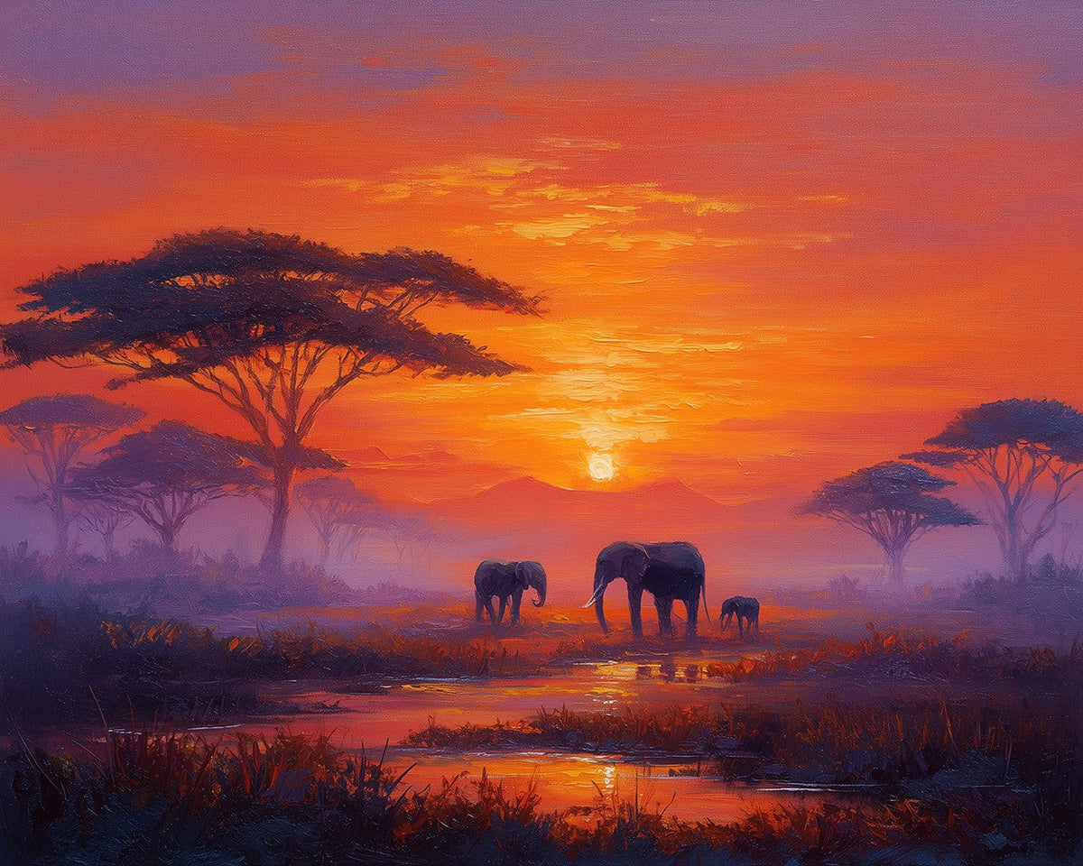 African savanna sunset with elephants cross stitch kit for beginners