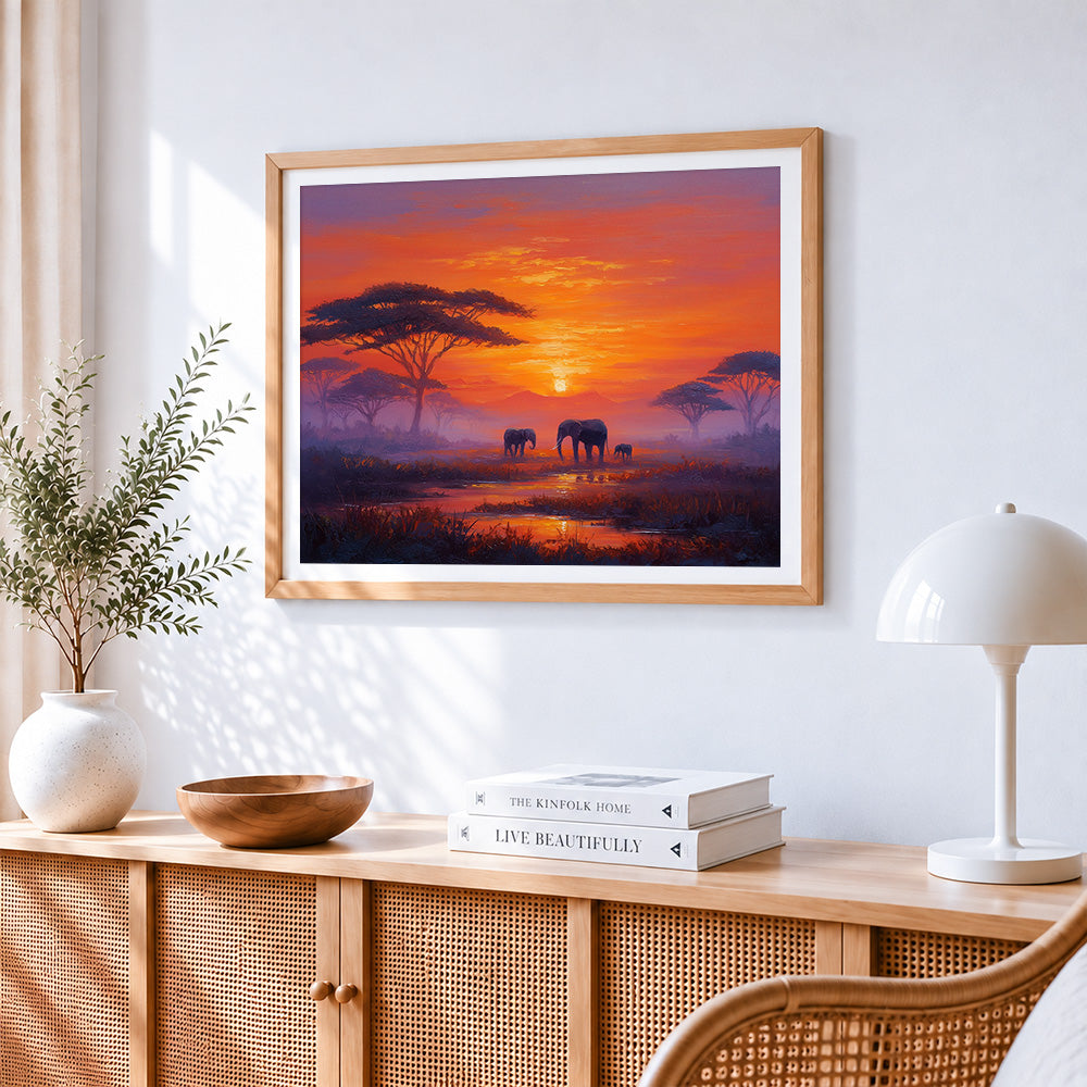 African savanna sunset with elephants cross stitch artwork displayed on wall as home decor