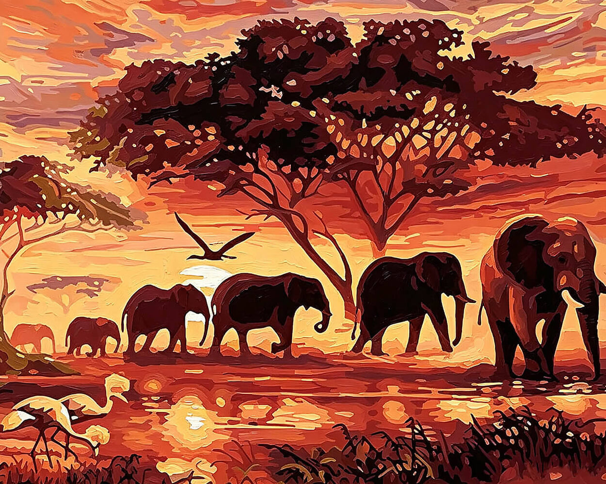 African sunset elephant family cross stitch kit for beginners