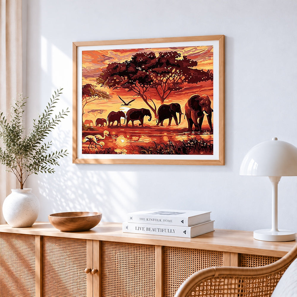 African sunset elephant family cross stitch artwork displayed on wall as home decor