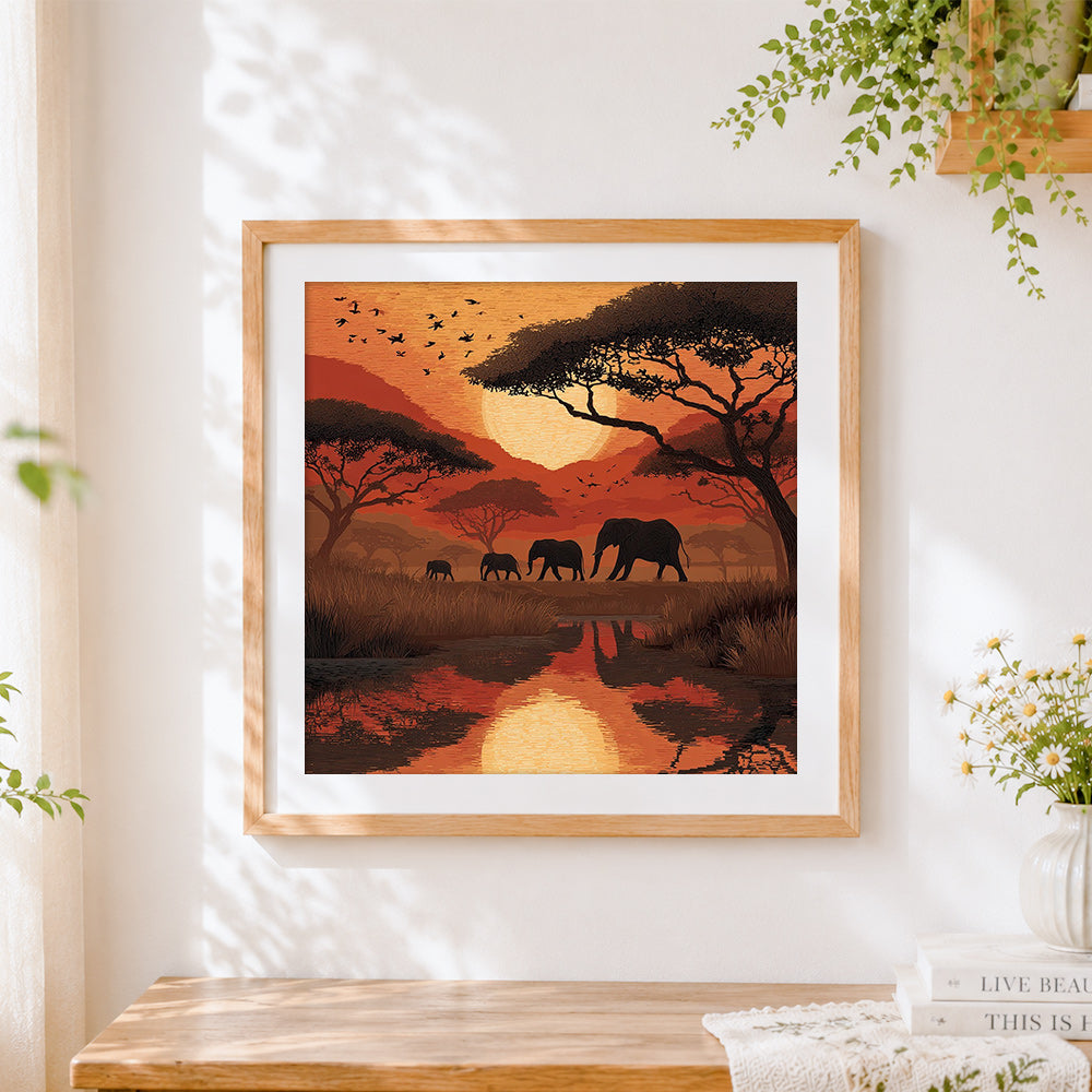 Finished african sunset elephant silhouette cross stitch artwork displayed