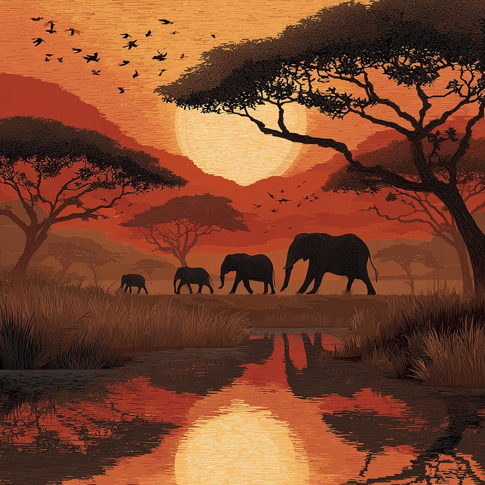 African sunset elephant silhouette cross stitch kit for beginners