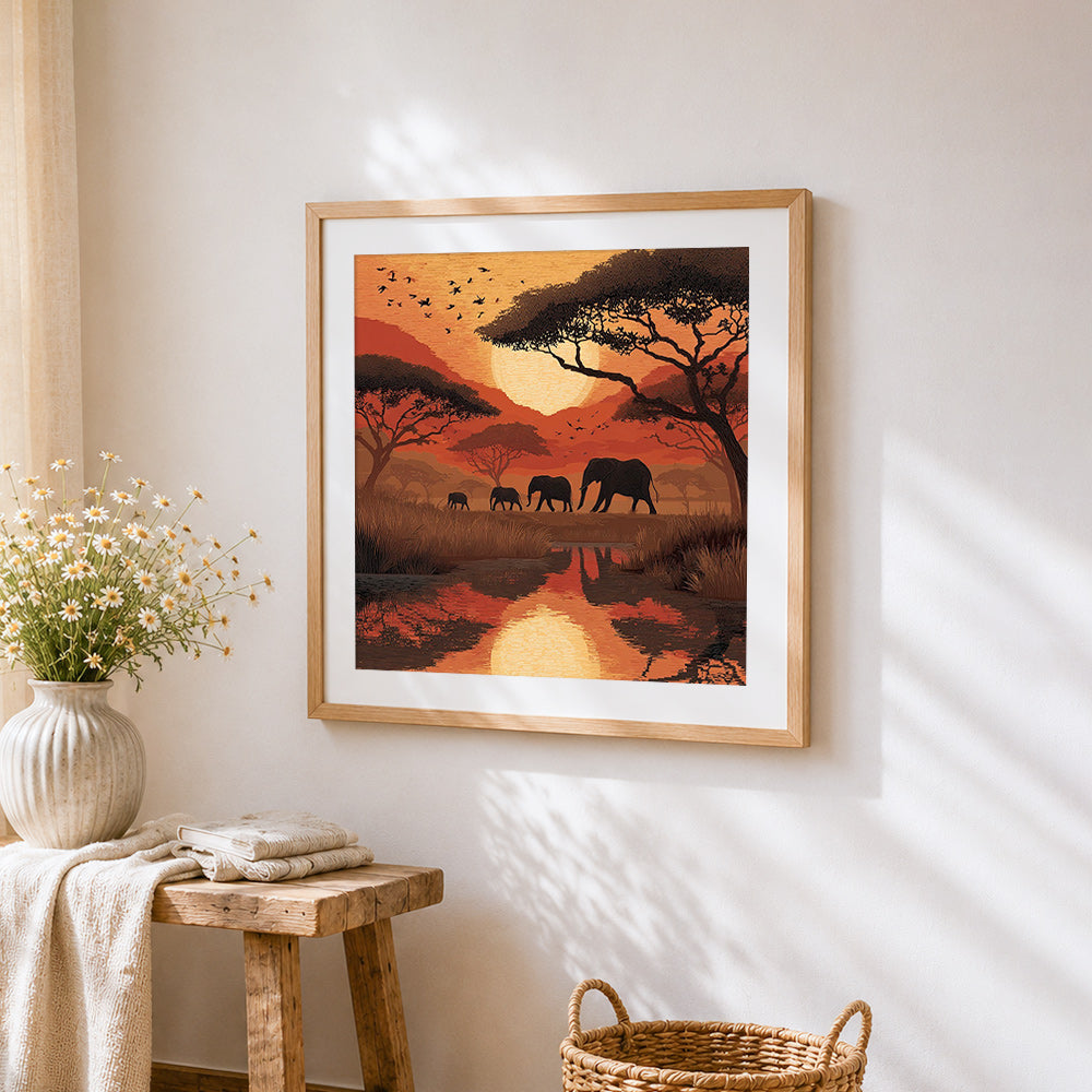 African sunset elephant silhouette cross stitch artwork displayed on wall as home decor