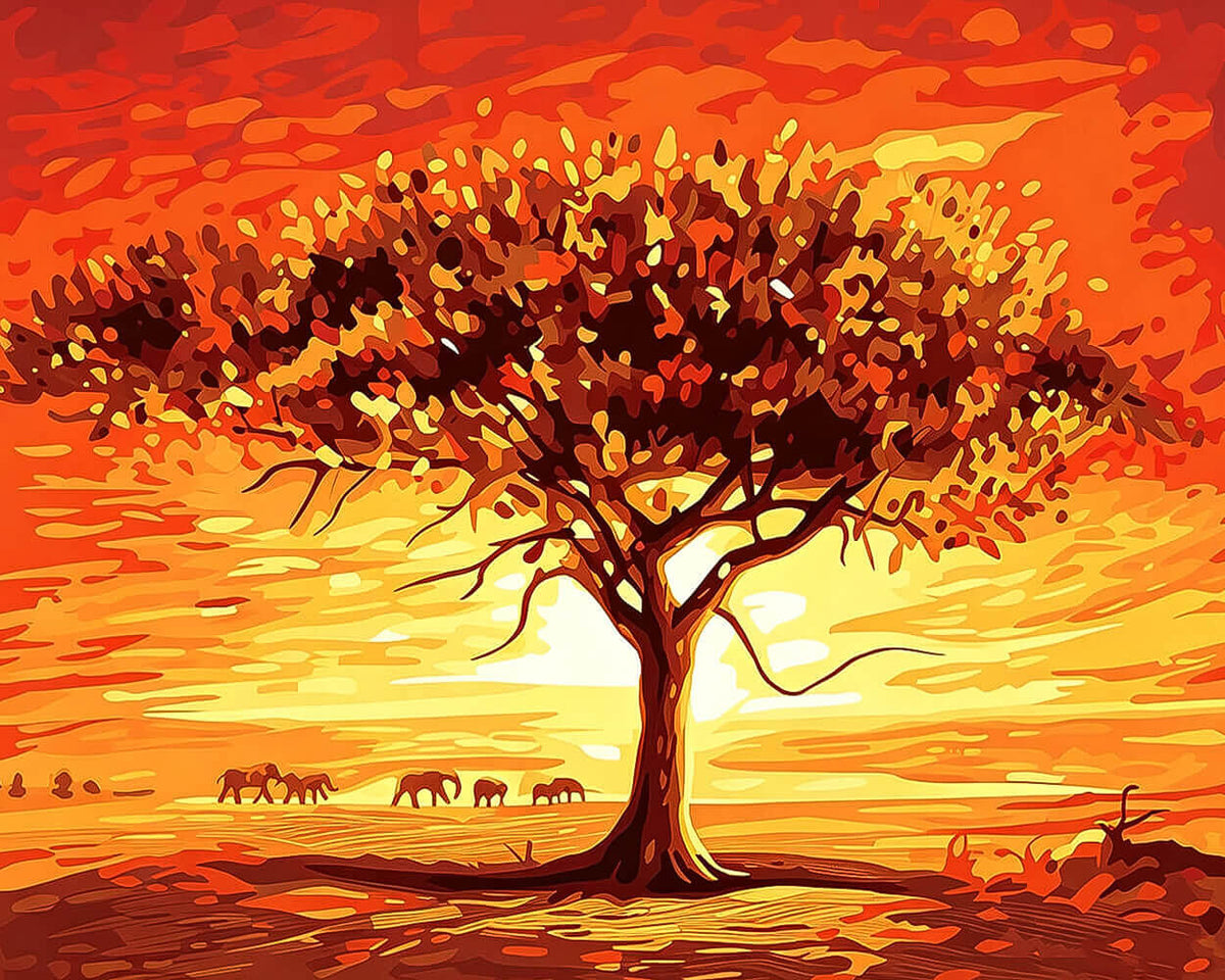 African sunset with acacia tree and elephants cross stitch kit for beginners