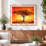 Finished african sunset with acacia tree and elephants paint by numbers artwork displayed as home decor