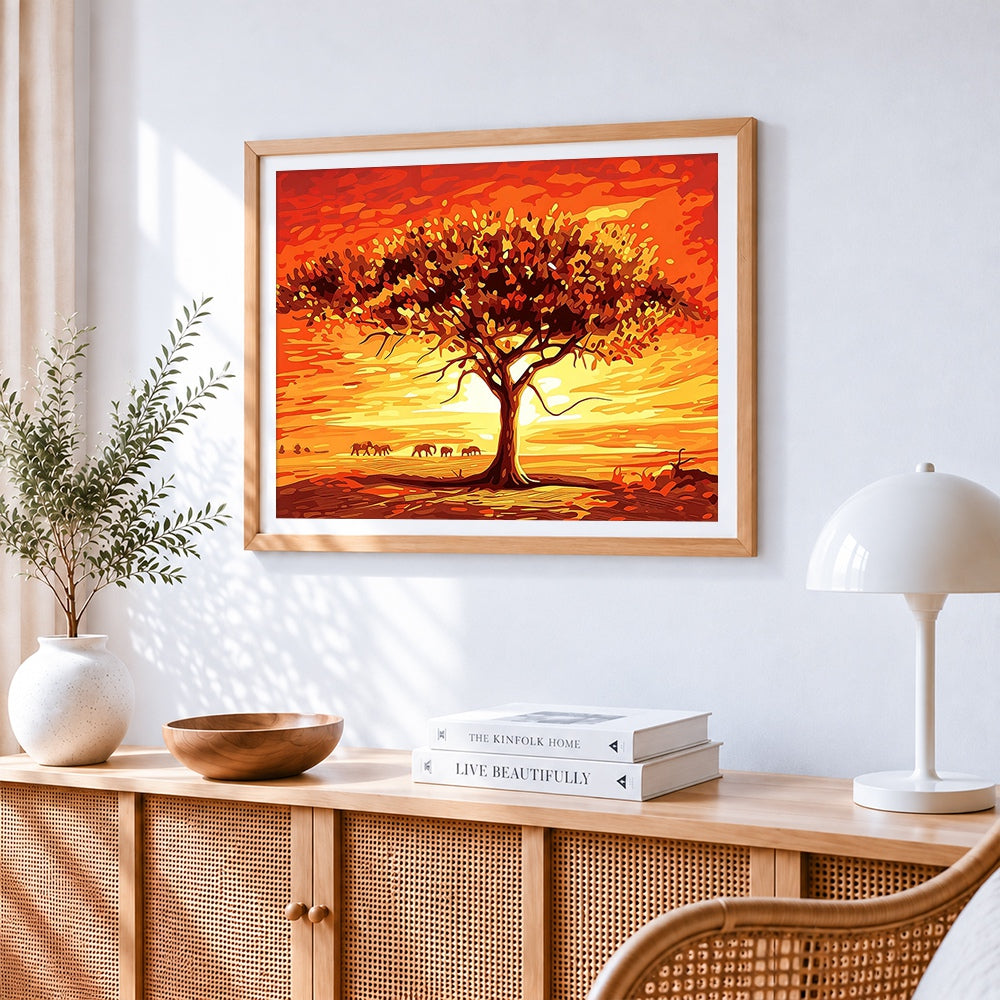 African sunset with acacia tree and elephants paint by numbers artwork displayed on wall as home decor