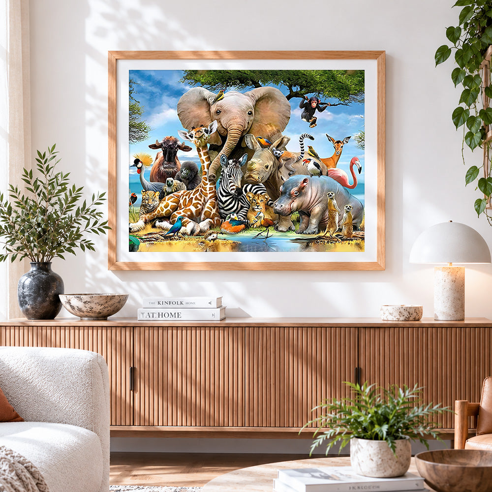 Finished african wildlife animal collage cross stitch artwork displayed