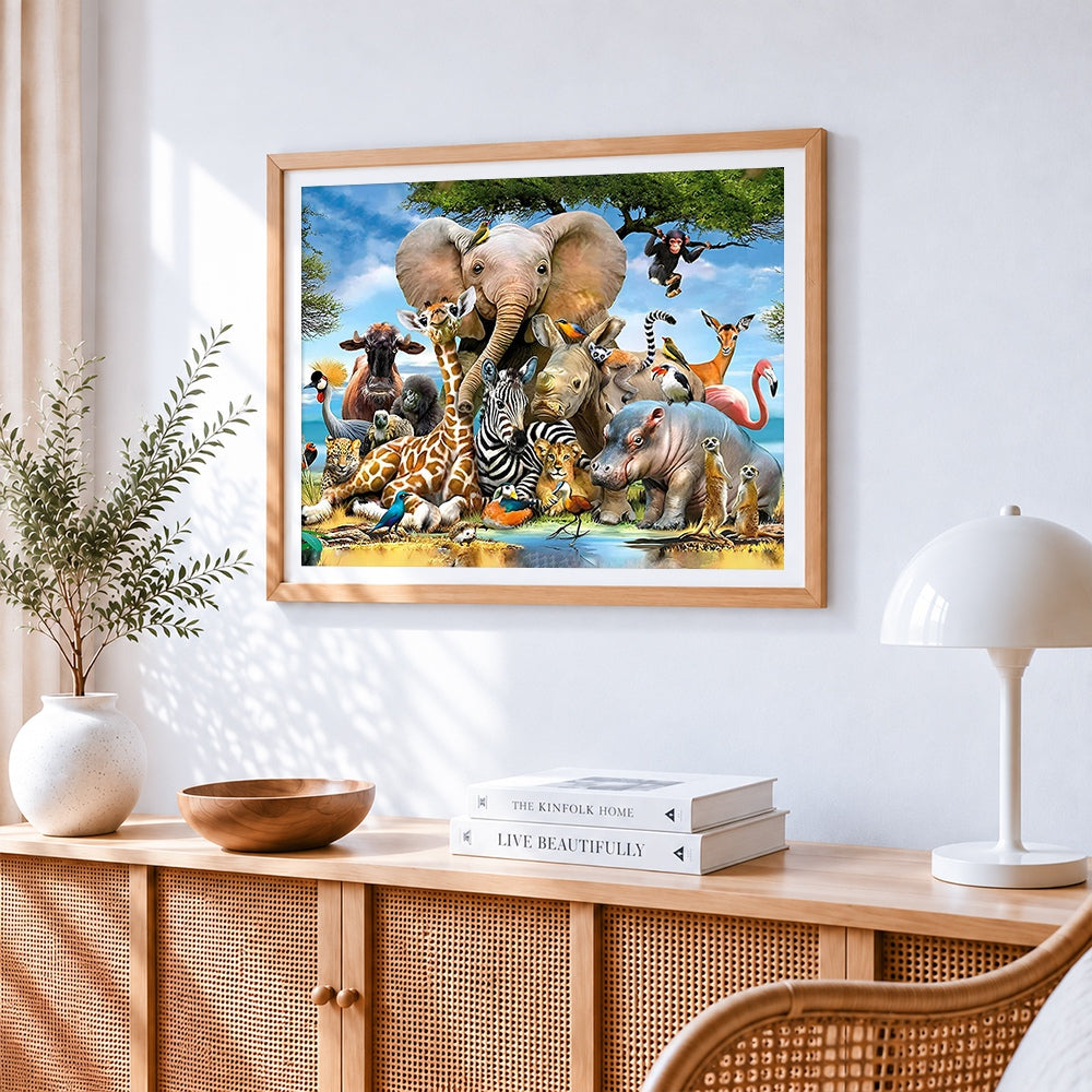 African wildlife animal collage cross stitch artwork displayed on wall as home decor
