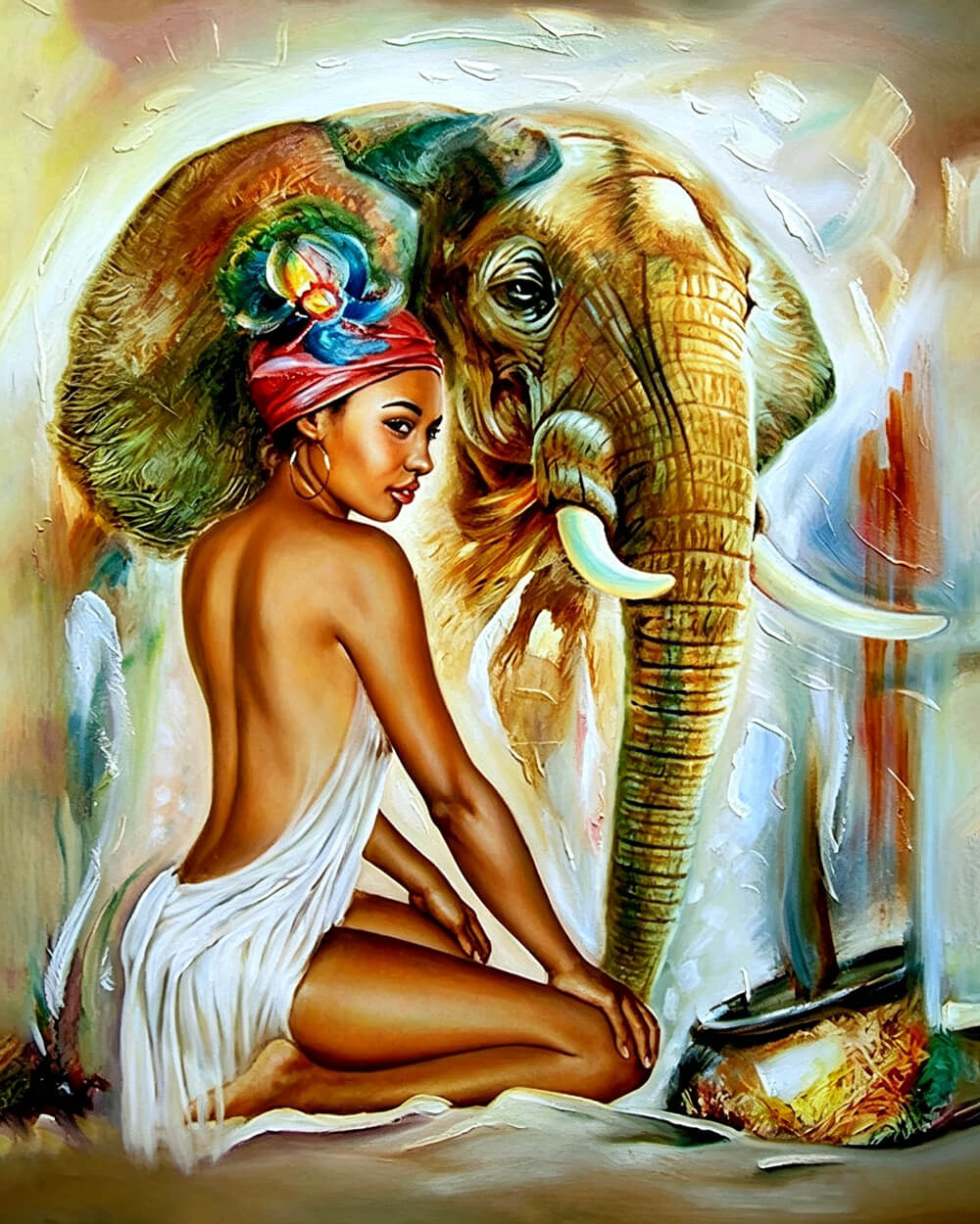 African woman and elephant cross stitch kit for beginners