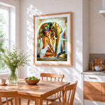 African woman and elephant cross stitch artwork displayed on wall as home decor