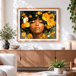 Finished african woman and golden flowers cross stitch artwork displayed