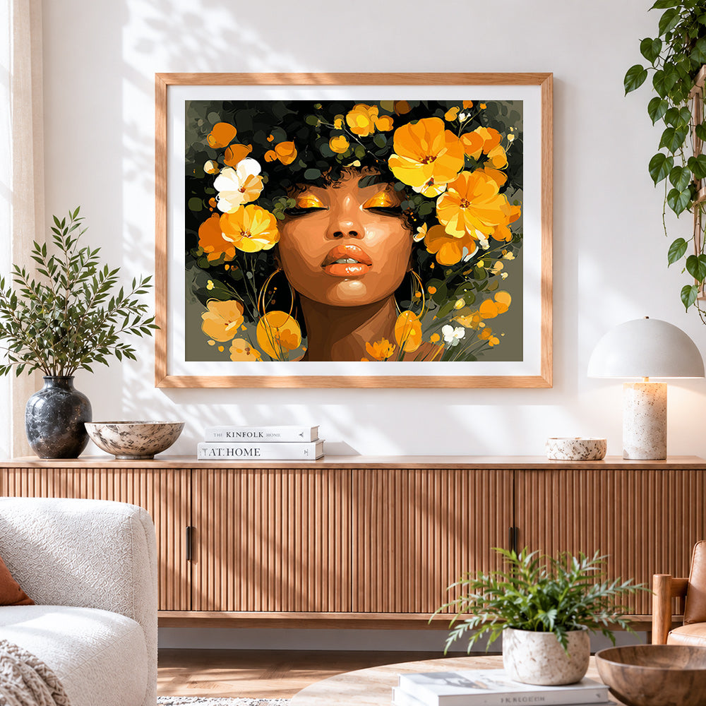 Finished african woman and golden flowers paint by numbers artwork displayed as home decor