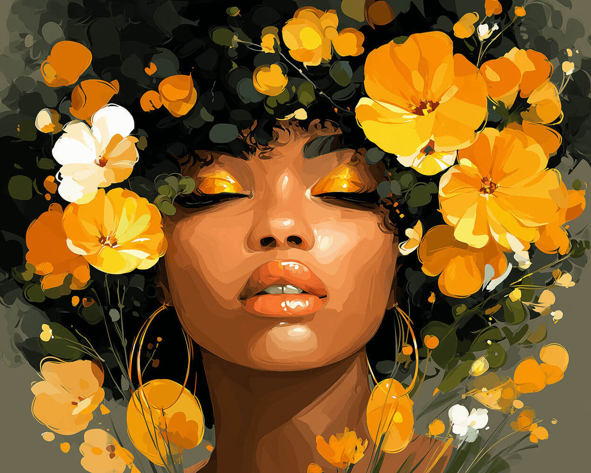 African woman and golden flowers paint by numbers kit for beginners