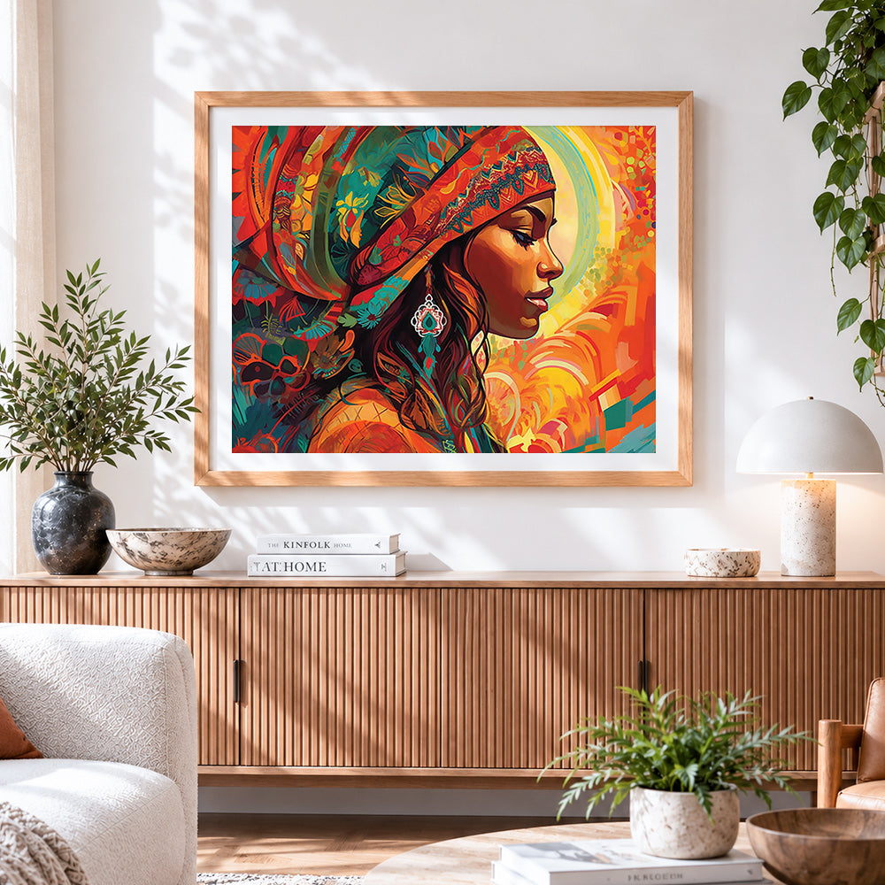 Finished african woman in headscarf cross stitch artwork displayed