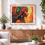 Finished african woman in headscarf paint by numbers artwork displayed as home decor