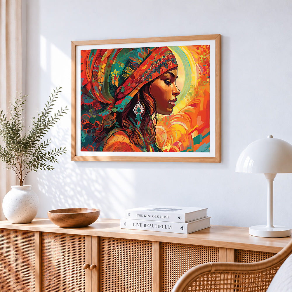 African woman in headscarf paint by numbers artwork displayed on wall as home decor