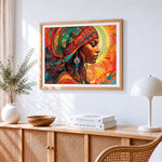 African woman in headscarf paint by numbers artwork displayed on wall as home decor