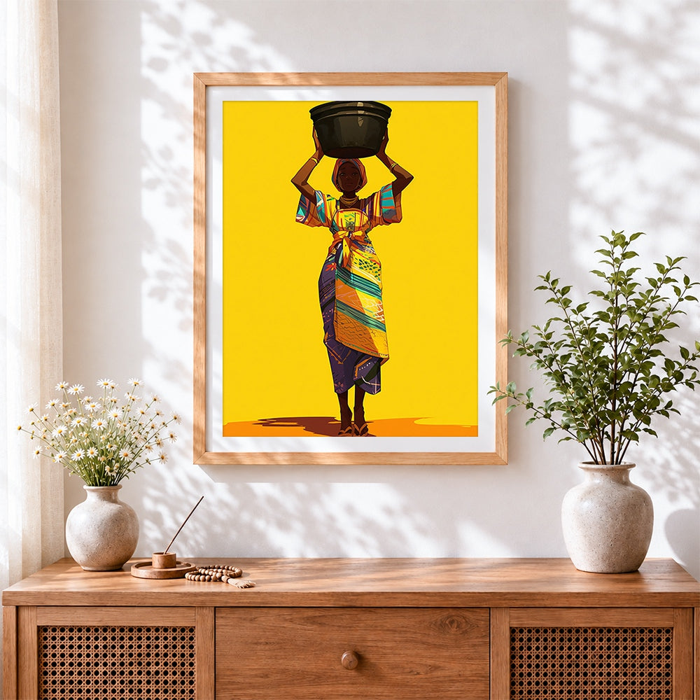 Finished african woman with a basin on her head cross stitch artwork displayed
