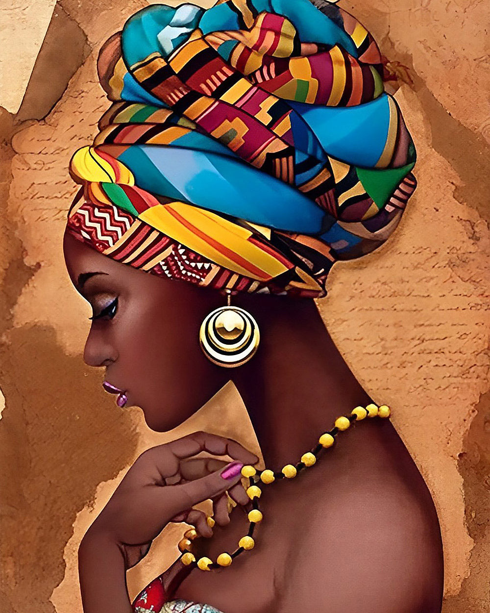 African woman with colourful headwrap cross stitch kit for beginners