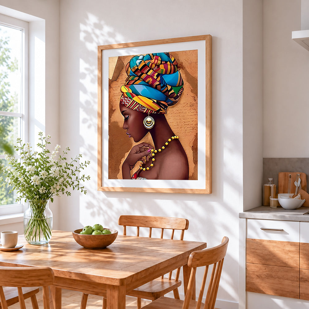 African woman with colourful headwrap cross stitch artwork displayed on wall as home decor