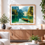 Finished alpine lake and wooden boat paint by numbers artwork displayed as home decor