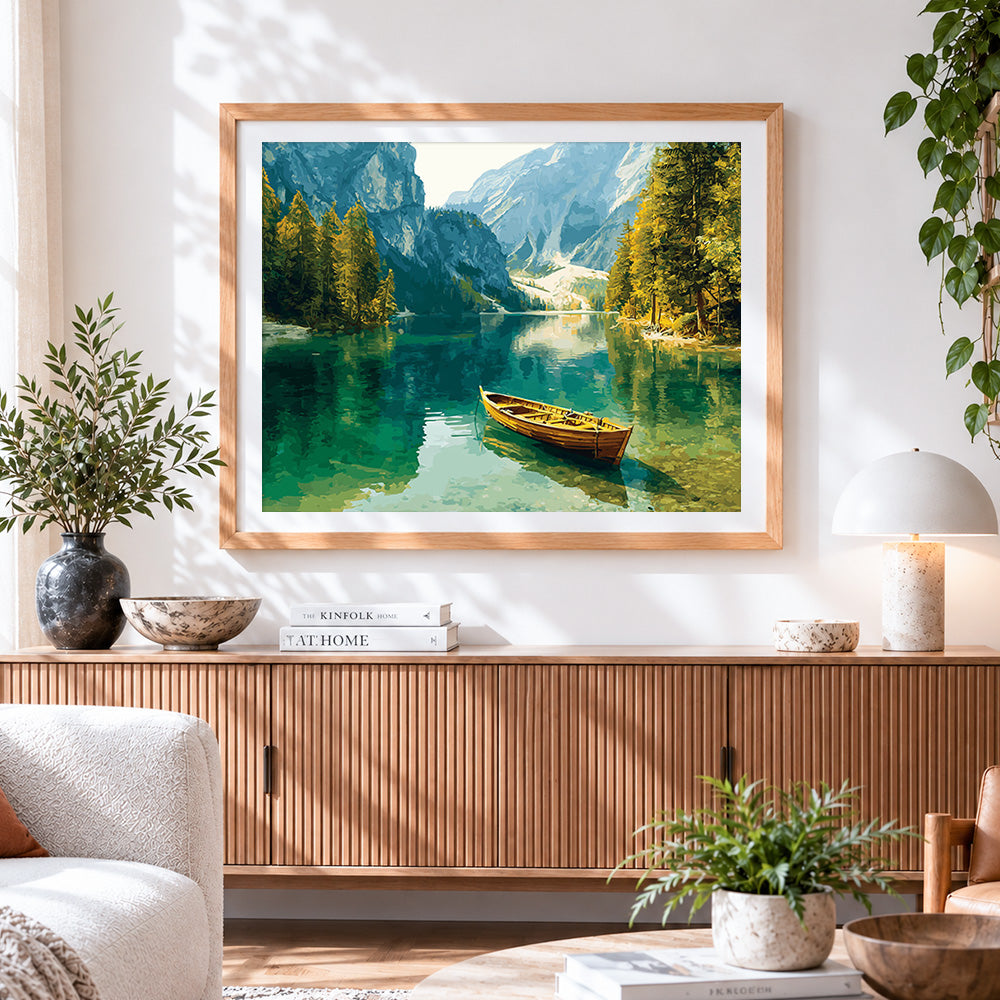 Finished alpine lake and wooden boat paint by numbers artwork displayed as home decor