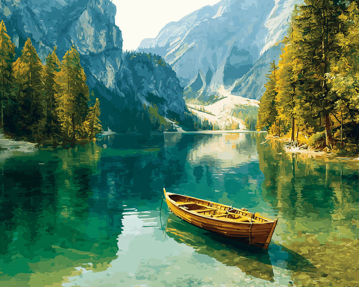 Alpine lake and wooden boat paint by numbers kit for beginners