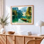 Alpine lake and wooden boat paint by numbers artwork displayed on wall as home decor