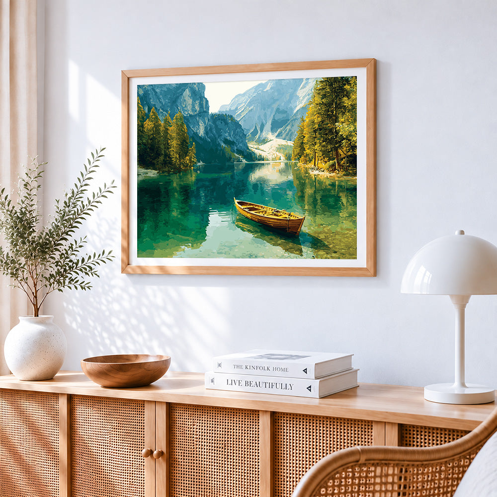 Alpine lake and wooden boat paint by numbers artwork displayed on wall as home decor