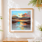 Finished alpine lake at sunset cross stitch artwork displayed