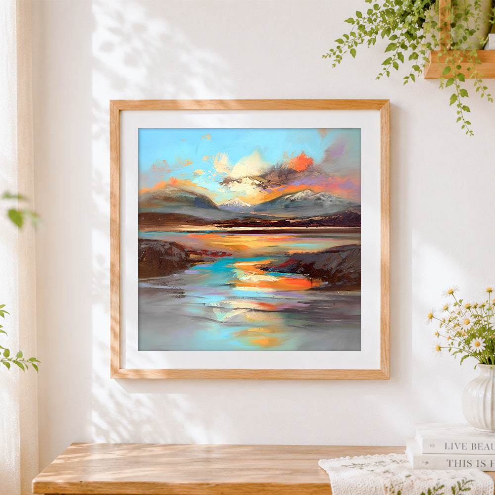 Finished alpine lake at sunset cross stitch artwork displayed