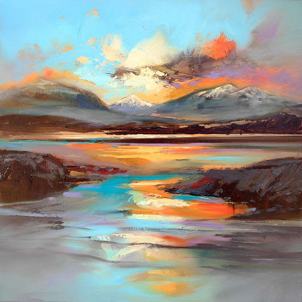 Alpine lake at sunset cross stitch kit for beginners
