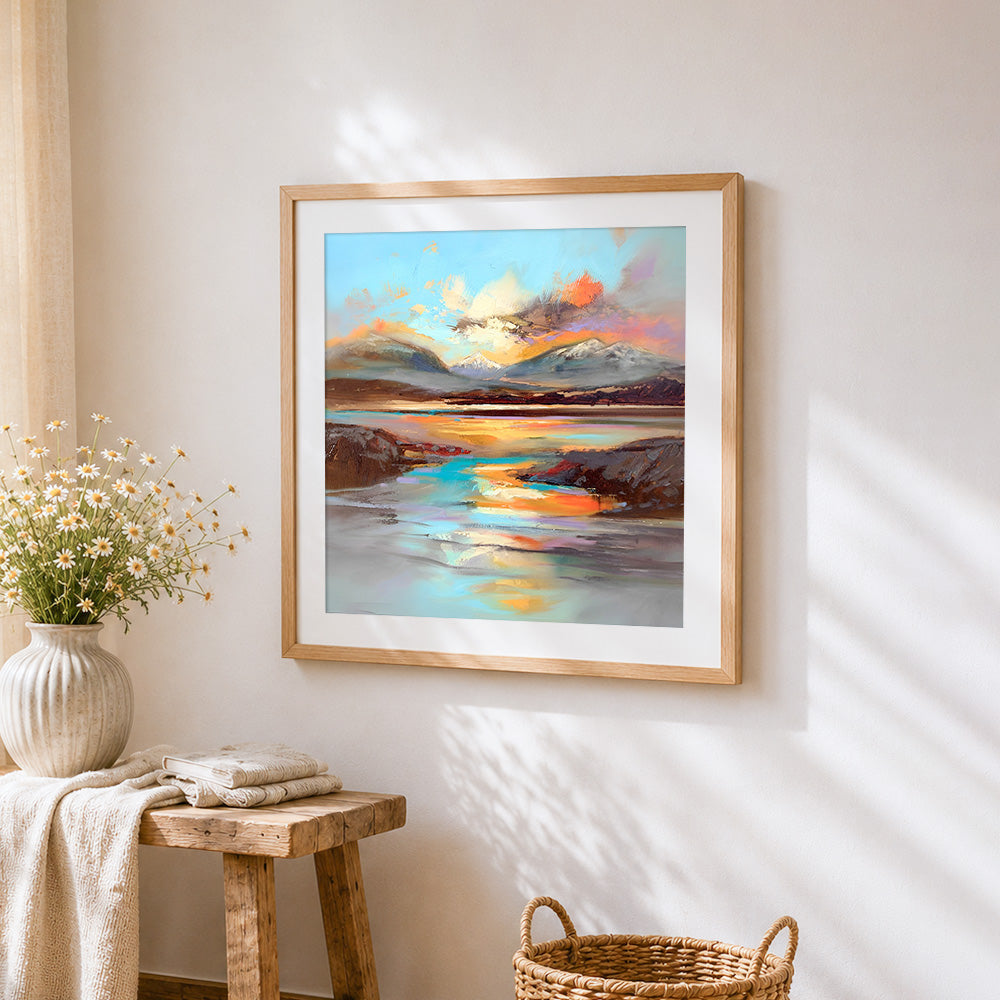 Alpine lake at sunset cross stitch artwork displayed on wall as home decor