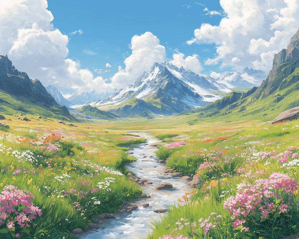 Alpine meadow and wildflower stream cross stitch kit for beginners