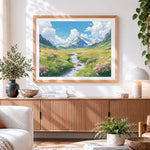 Finished alpine meadow and wildflower stream paint by numbers artwork displayed as home decor