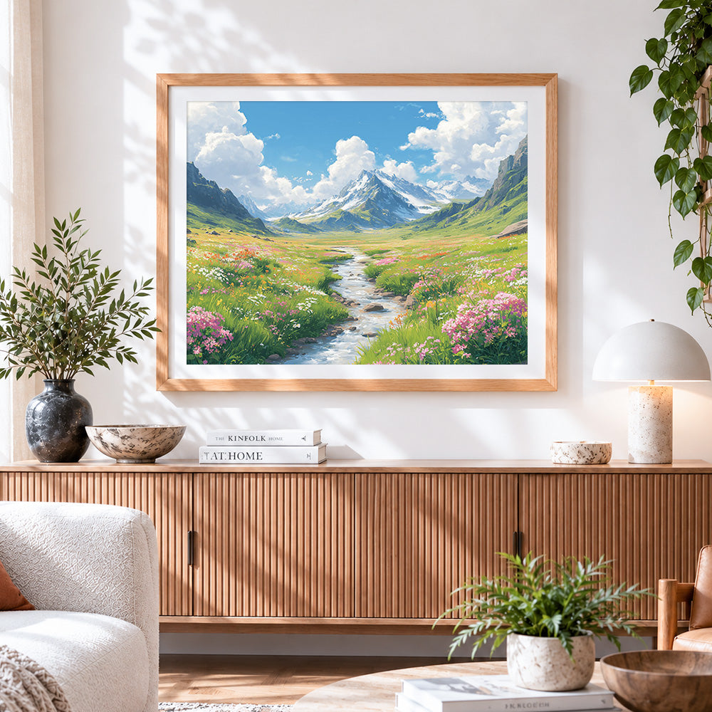 Finished alpine meadow and wildflower stream paint by numbers artwork displayed as home decor