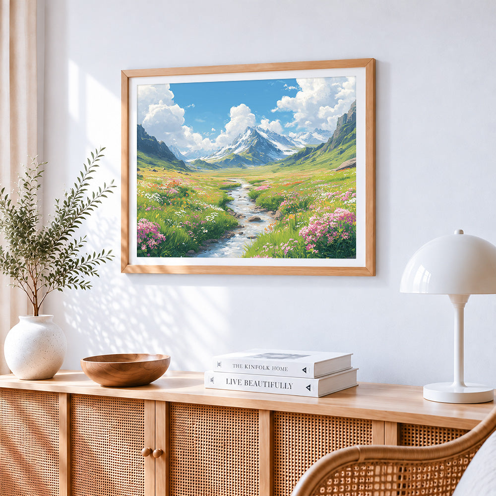 Alpine meadow and wildflower stream paint by numbers artwork displayed on wall as home decor