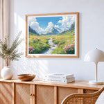 Alpine meadow and wildflower stream paint by numbers artwork displayed on wall as home decor