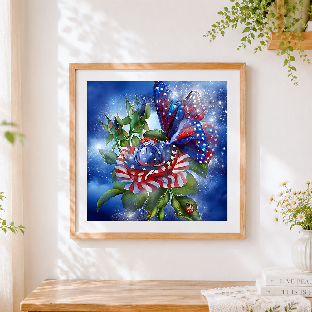 Finished american flag rose and butterfly cross stitch artwork displayed