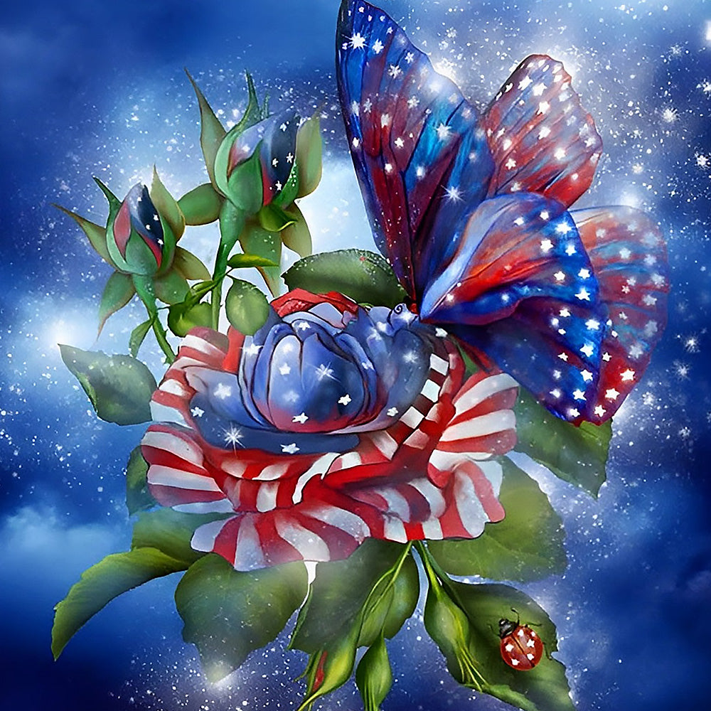 American flag rose and butterfly cross stitch kit for beginners