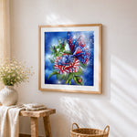 American flag rose and butterfly cross stitch artwork displayed on wall as home decor