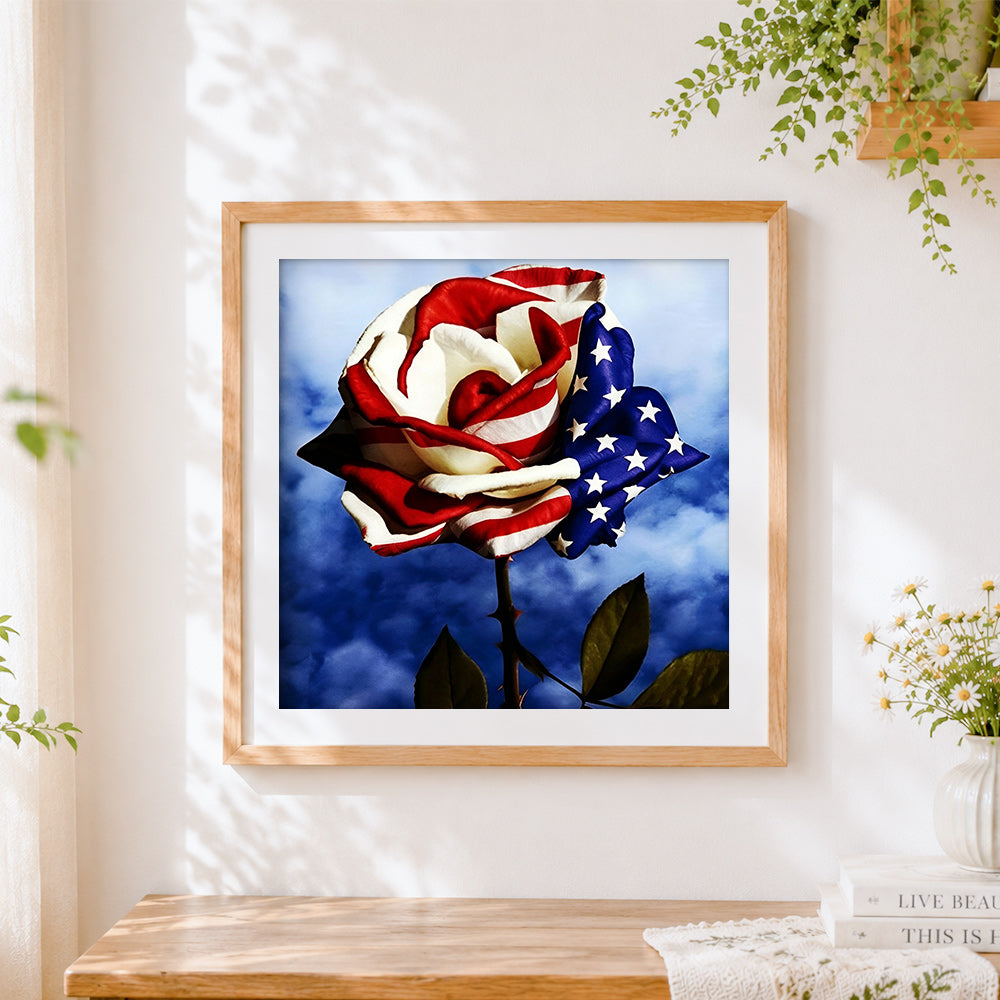 Finished american flag rose cross stitch artwork displayed