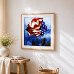 American flag rose cross stitch artwork displayed on wall as home decor