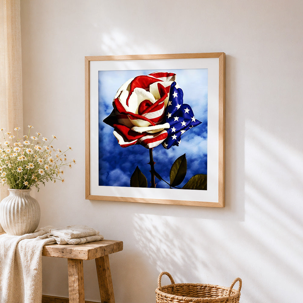 American flag rose cross stitch artwork displayed on wall as home decor