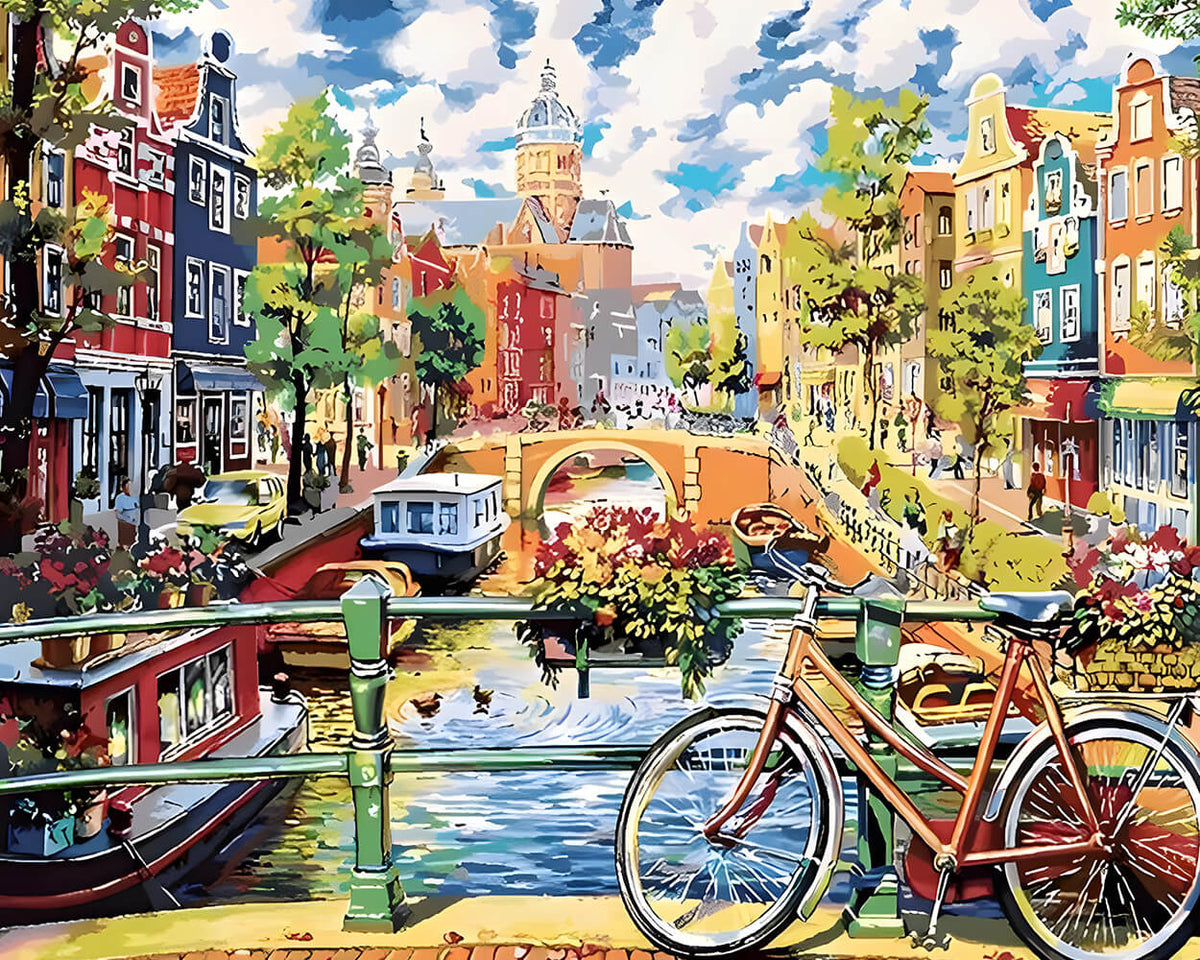 Amsterdam canal and bicycle cross stitch kit for beginners